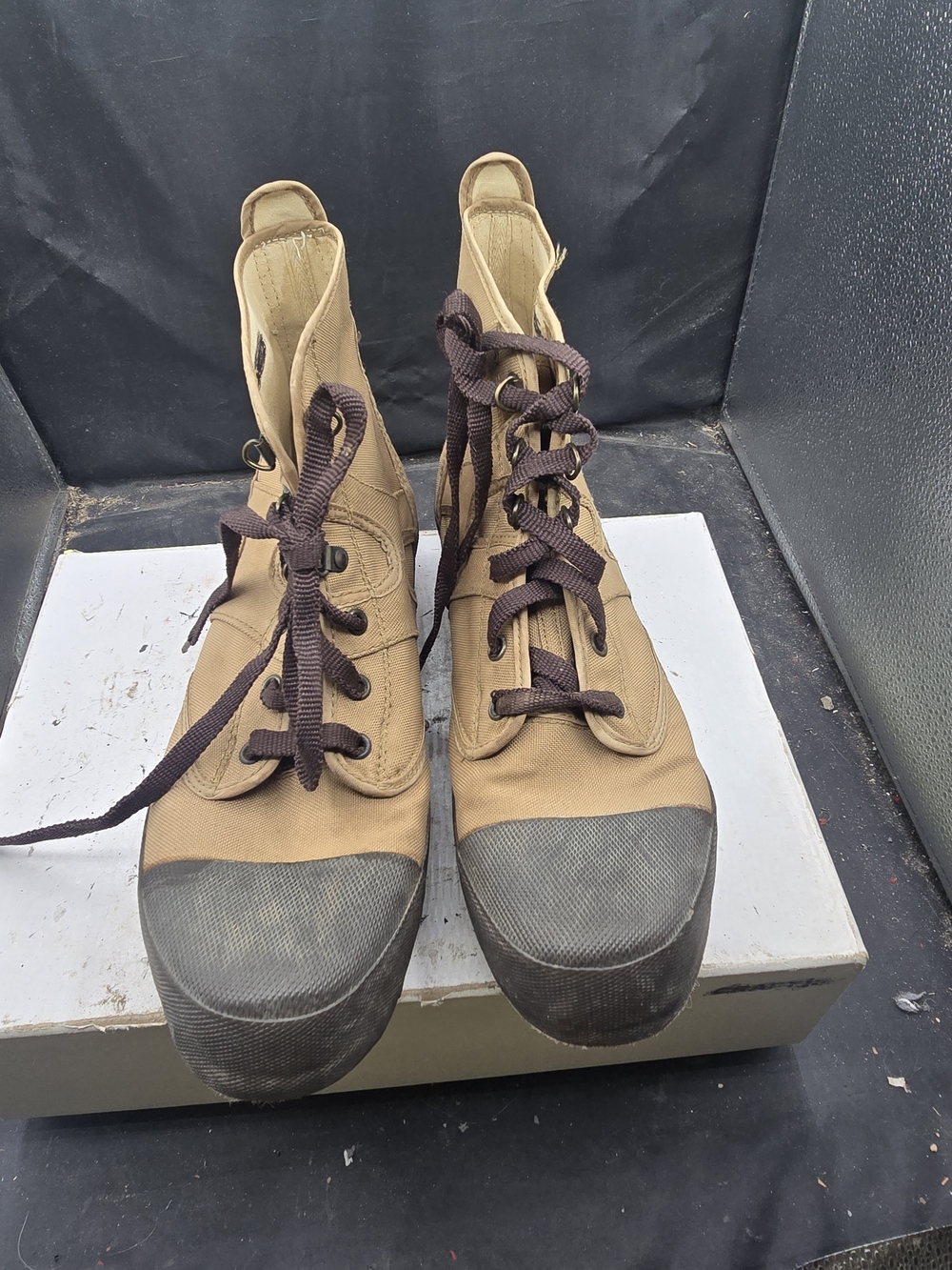 Orvis Tan Canvas High-Top Boots with Dark Brown Laces